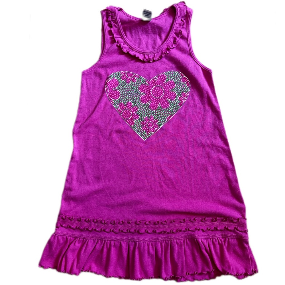 Kavio girls pink dress with green, pink, and white heart on chest